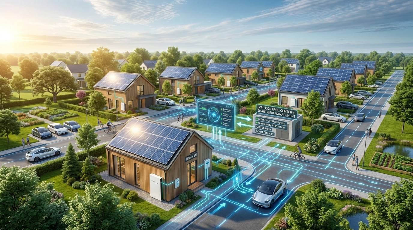 Neighborhood with solar panels, battery storage, smart meters, EV charging, and a VPP control center managing the smart grid network