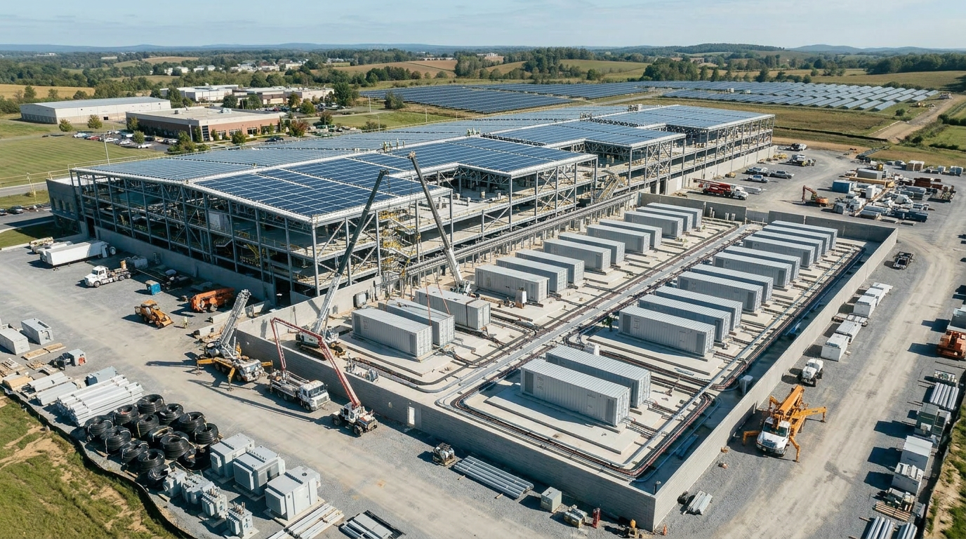 Person holding a solar panel array layout blueprint in front of a large solar farm under construction