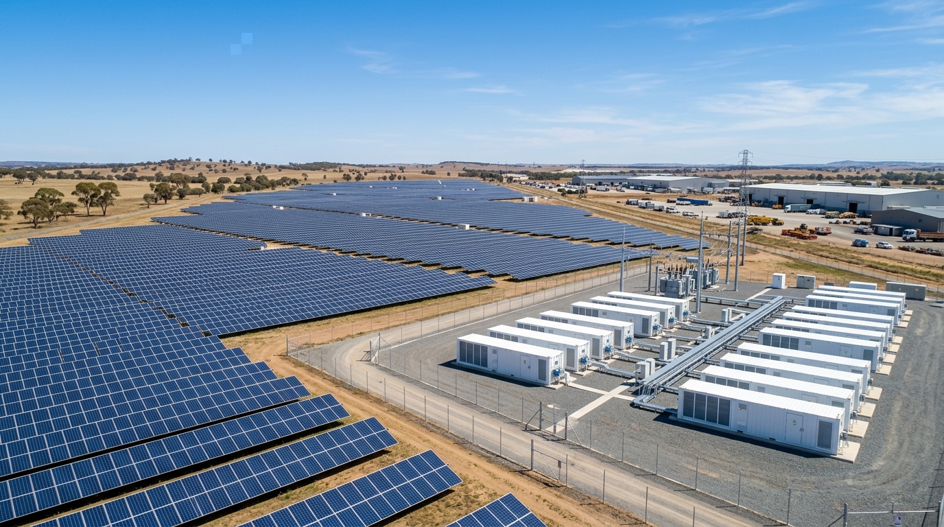 Aerial view of utility-scale solar farm with battery energy storage infrastructure — ELSONS EPM Framework