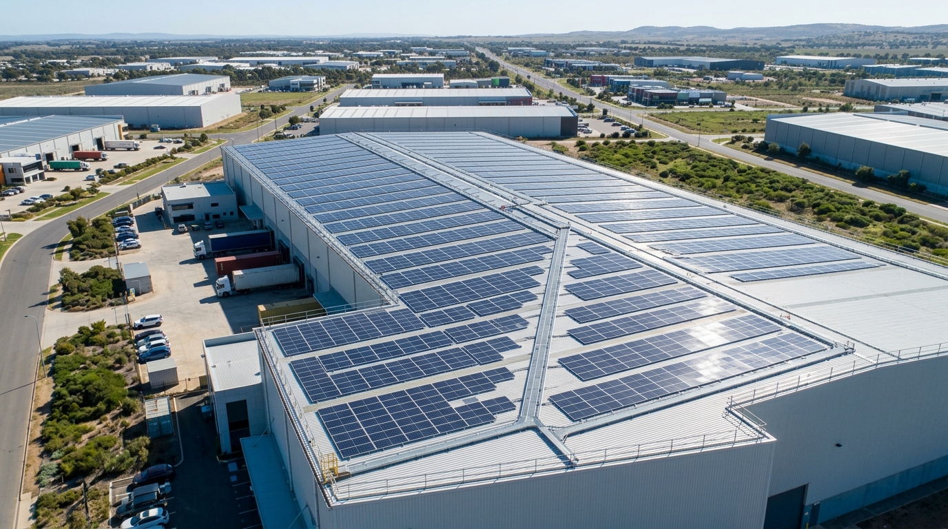 Large scale rooftop solar on a warehouse roof, STC-eligible under the expanded SRES — Elsons PPA and BESS options